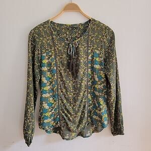 Prana Faith Floral Peasant Blouse Self Tie Keyhole‎ Long Sleeve Boho Hippie